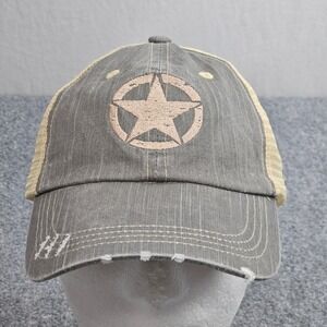 Jeep Trucker Hat Gray Tan Star Logo Distressed Cap Rugged Wrangler Grunge